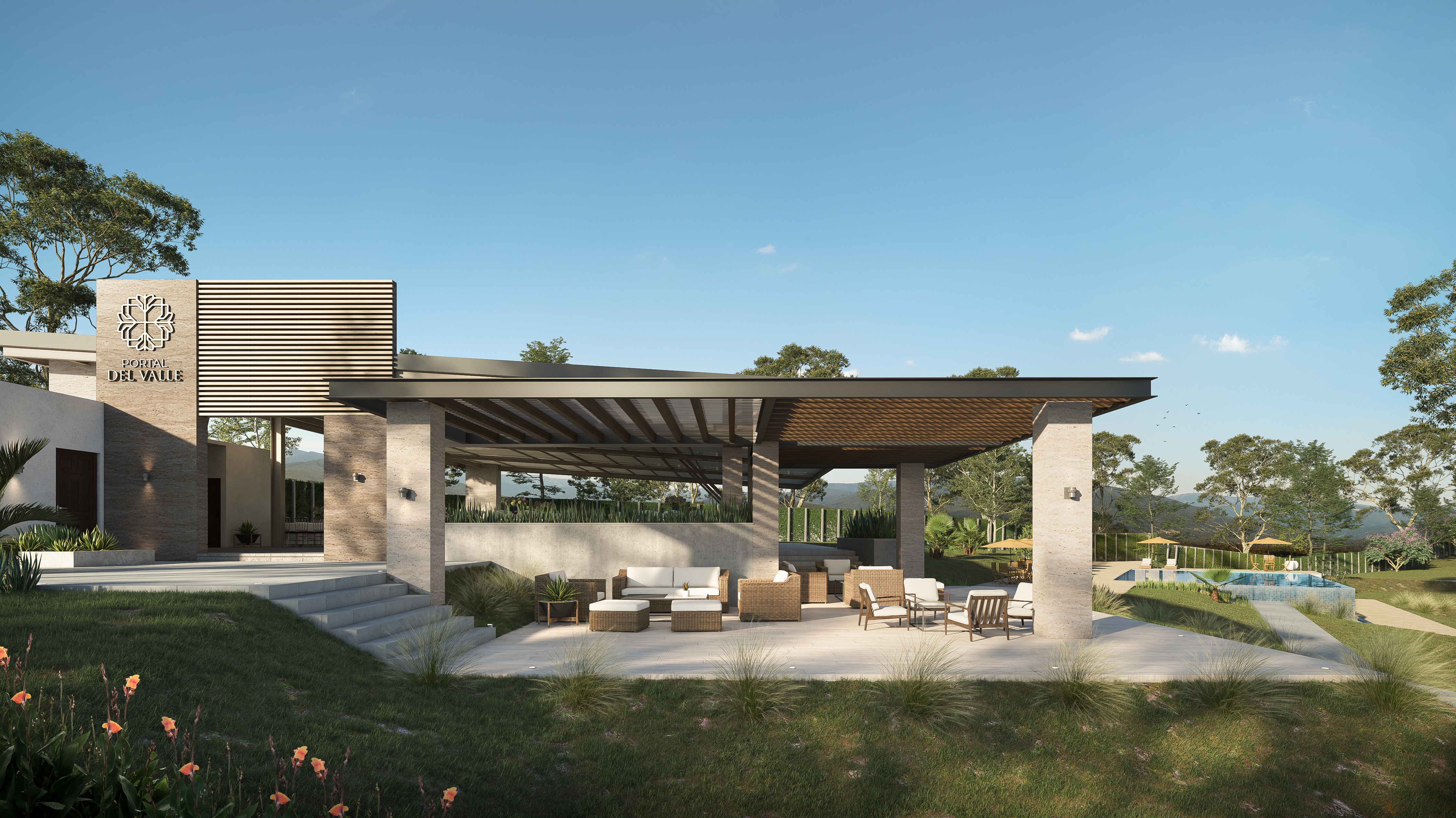 Vista de casa club en proyecto residencial de urbanización